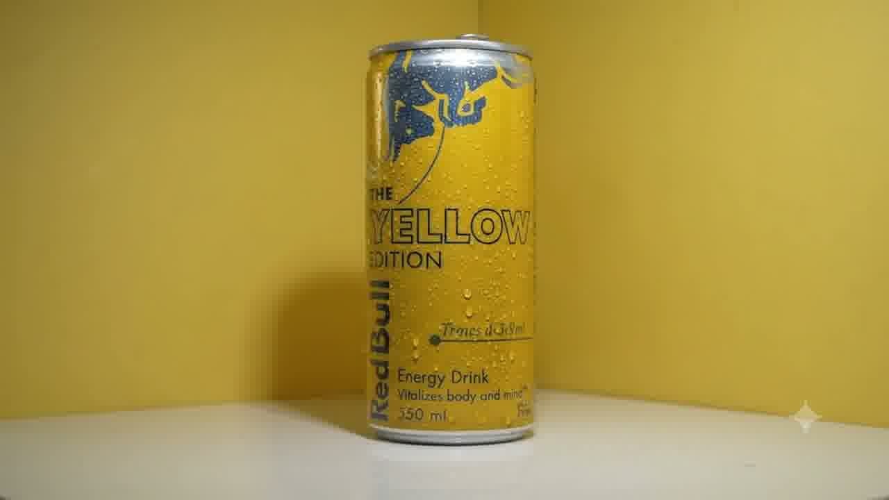 Chilled Red Bull Yellow Edition can against a golden yellow background
